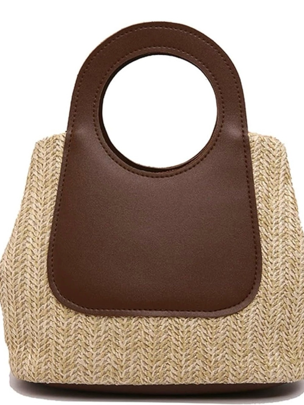 Woven Straw and Brown Faux Leather Tote Bag